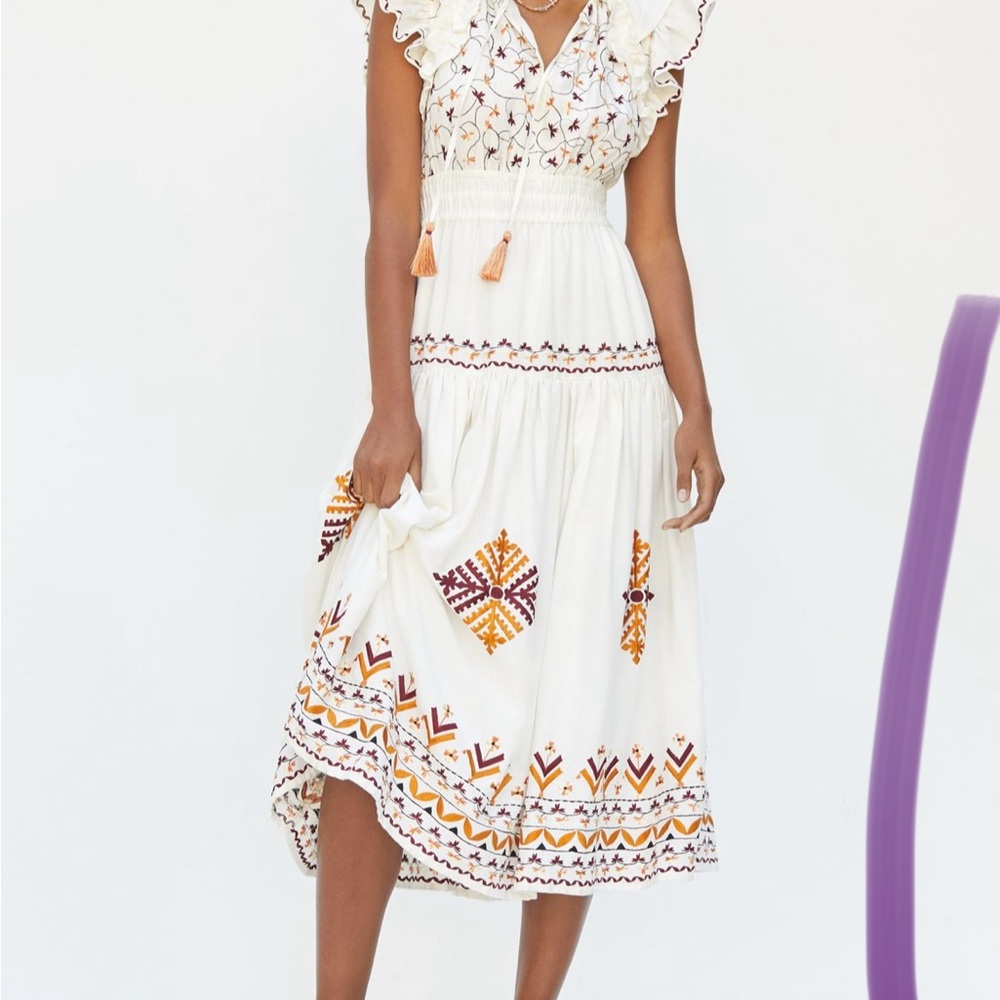 Anthropologie White and Orange Embroidered Midi Dress